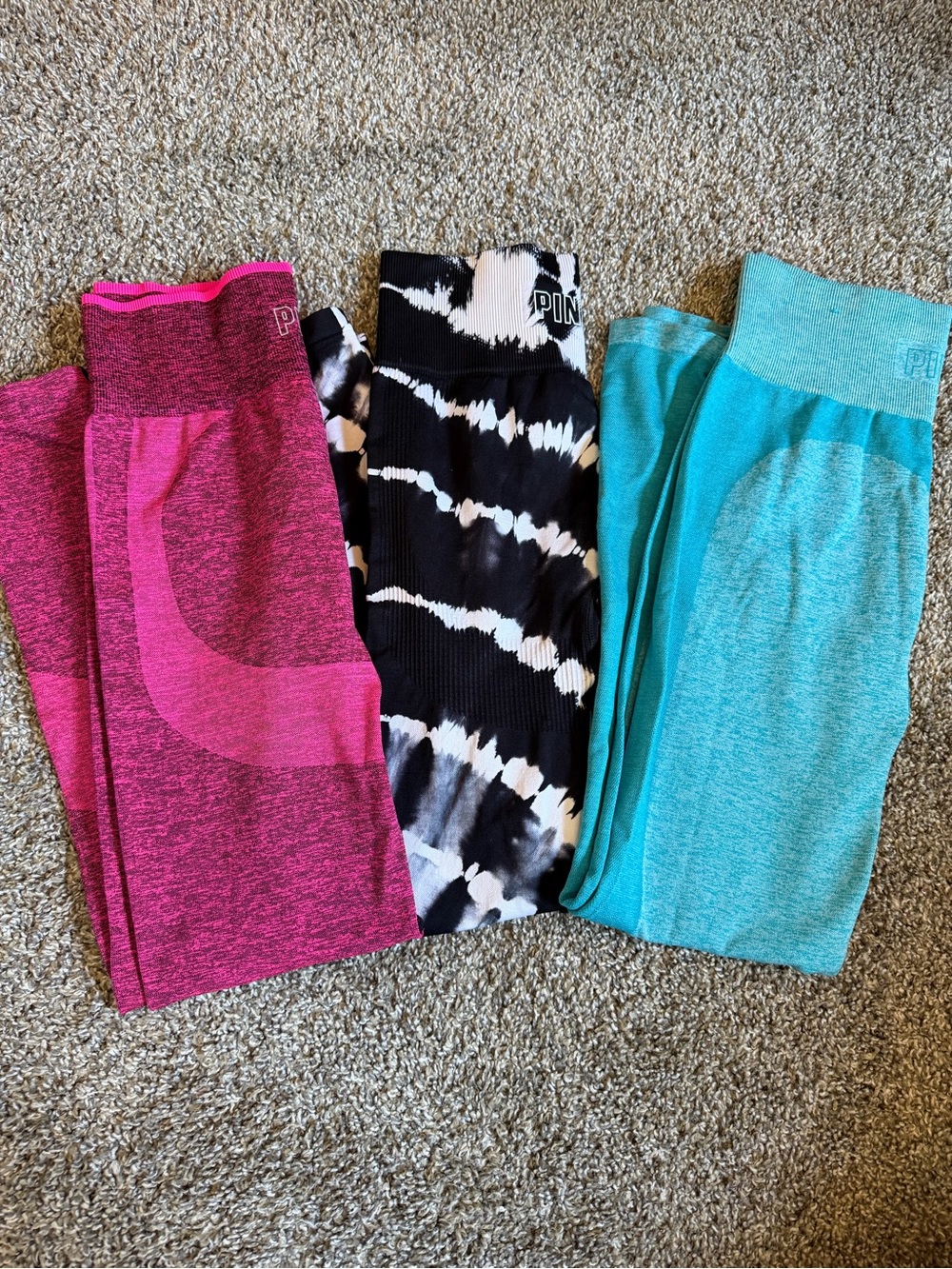 PINK Victoria's Secret Leggings Trio in Hot Pink, Black/White Tie-Dye & Teal